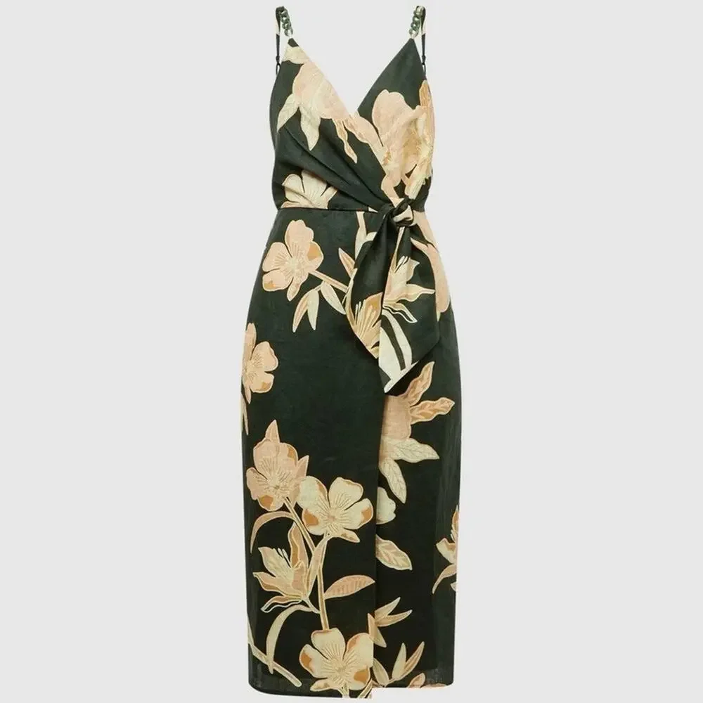 Reiss Alice Fitted Green Floral Linen Chain Strap Midi Dress Size 4 Wrap New - Picture 4 of 16